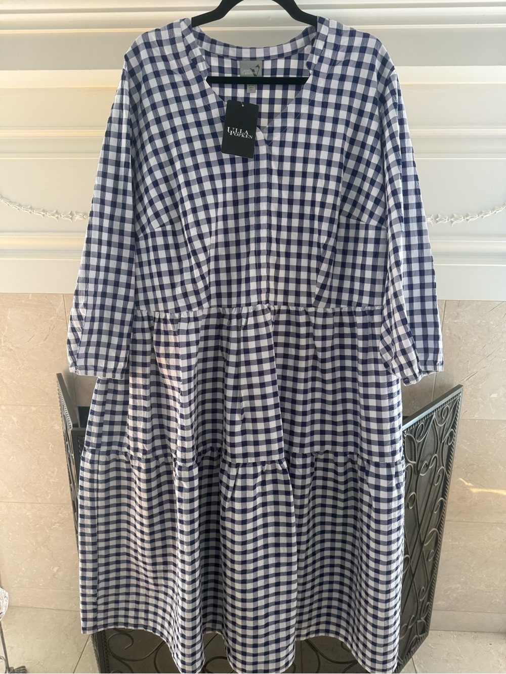 Ulla Popken Tiered Seersucker Navy and White Gingham Midi Dress - size 24